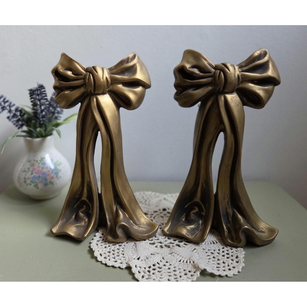 Vintage Gold Bow Resin Candle Holders Pair – Ribbon Decor – No Glass